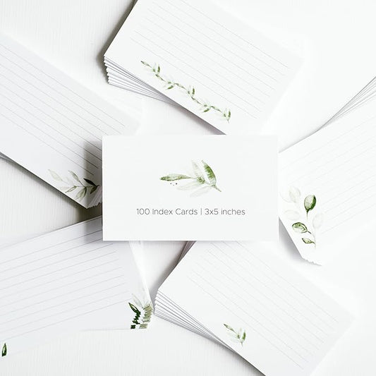 Green Leaf Index Cards by Pure Print and Design | Floral Flash Cards Perfect For Study Sessions & Learning | 100 Cards of Premium Quality with 5 Different Designs | Green Leaf | 3x5 inches