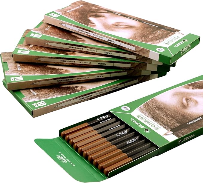 Marie's Charcoal Pencils Set,10 Pieces, Pastel Chalk Pencils for Drawing, Sketching, Coloring & Shading, Art Supplies for Adult Artists (Dark Brown)