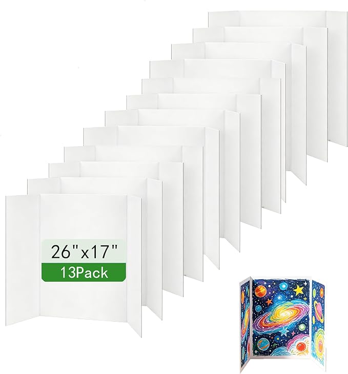Trifold Poster Board, White Corrugated Presentation Board with Double Sided Tapes, Display Board for School Project, Science Fair (13=26x17)