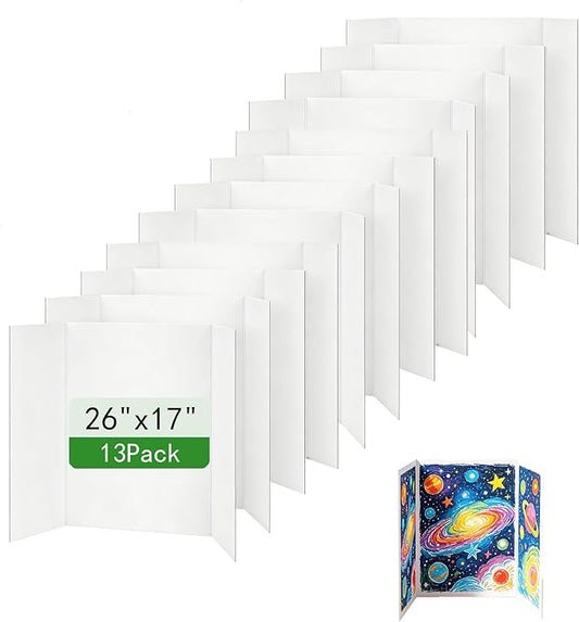Trifold Poster Board, White Corrugated Presentation Board with Double Sided Tapes, Display Board for School Project, Science Fair (13=26x17)