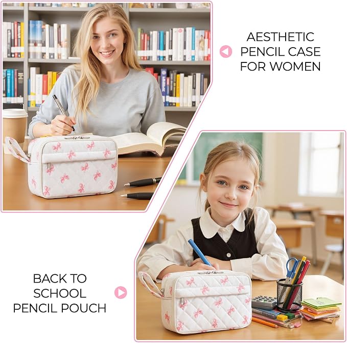 WOBAGMEN Quilted Pencil Pouch for Girls Women, Large Pencil Case Pouch with Compartments Cute Aesthetic Pencil Case Organizer, Floral Pencil Bag for School Supplies (Pink cute Bow)