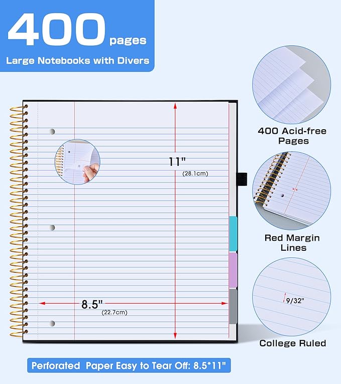 5 Subject Notebook College Ruled,80GSM Paper Thick Hardcover Spiral Notebook Lined Journal with Removable Dividers Tabs,400pages 8.5"x11" Paper Large Notebooks for School Work,3-Hole Punched, Black