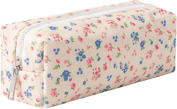 Corduroy Pencil Case for Girls Kids Large Capacity Aesthetic Pen Pouch Makeup Bag Cosmetic Organizer Cute Stationery Storage Bag for School Office Travel Minimalist Pencil Box (Floral-E)