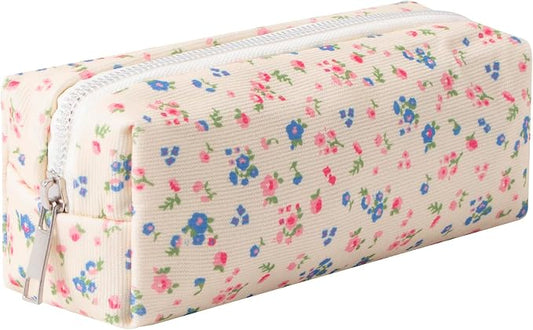 Corduroy Pencil Case for Girls Kids Large Capacity Aesthetic Pen Pouch Makeup Bag Cosmetic Organizer Cute Stationery Storage Bag for School Office Travel Minimalist Pencil Box (Floral-E)