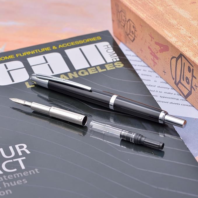 Jinhao 20 Press Fountain Pen, Piano Black Retractable Medium Nib with Ink Converter Set (Silver Clip)