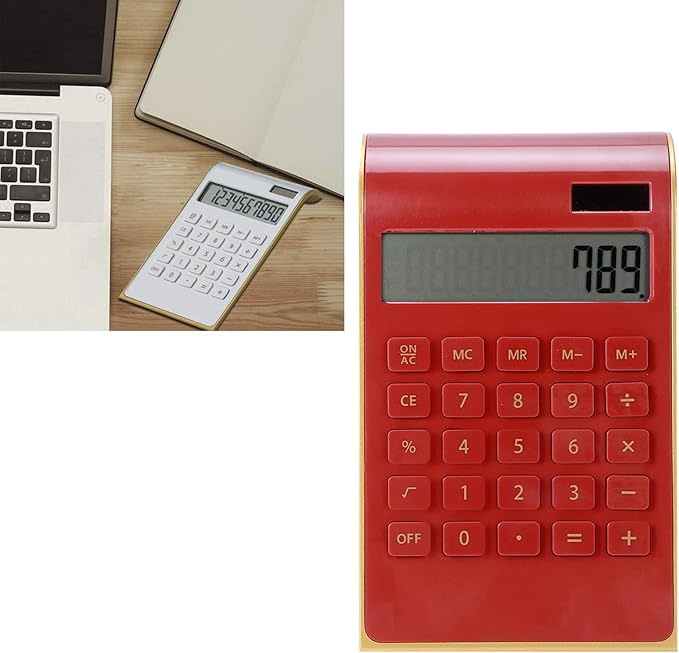 Portable 10 Digits Calculator Tilted LCD Display Ultra Thin Solar Power Calculator for Home Office Business(Red)