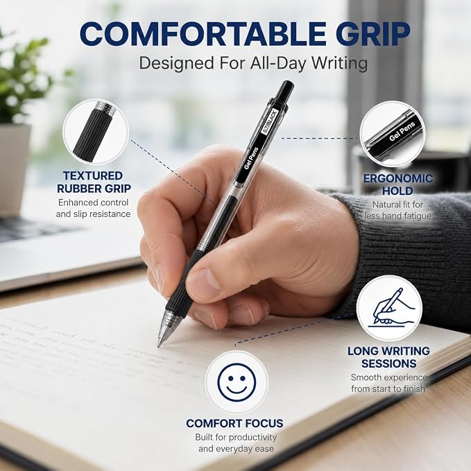 100 Pack 0.7mm Black Gel Pens Retractable Medium Ballpoint Pens Bulk | Smooth Writing, Non-Slip Grip, Quick-Drying Black Ink, No Bleed, No Smear, Clear Barrel with Clip for Office School Supplies