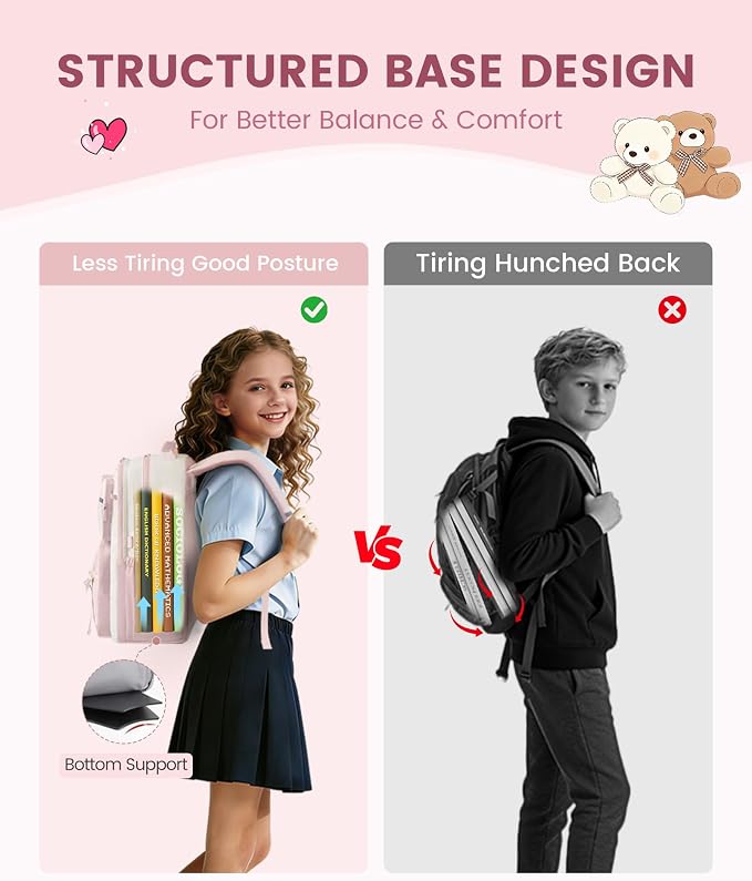 LOVEVOOK Cute School Backpack for Girls Ages 8-14, Bookbag with Plush Bear & Clear Display Pocket, Fits 15.6 Inch Laptop & 40oz Tumbler, Back to School Backpack for Elementary & Middle School