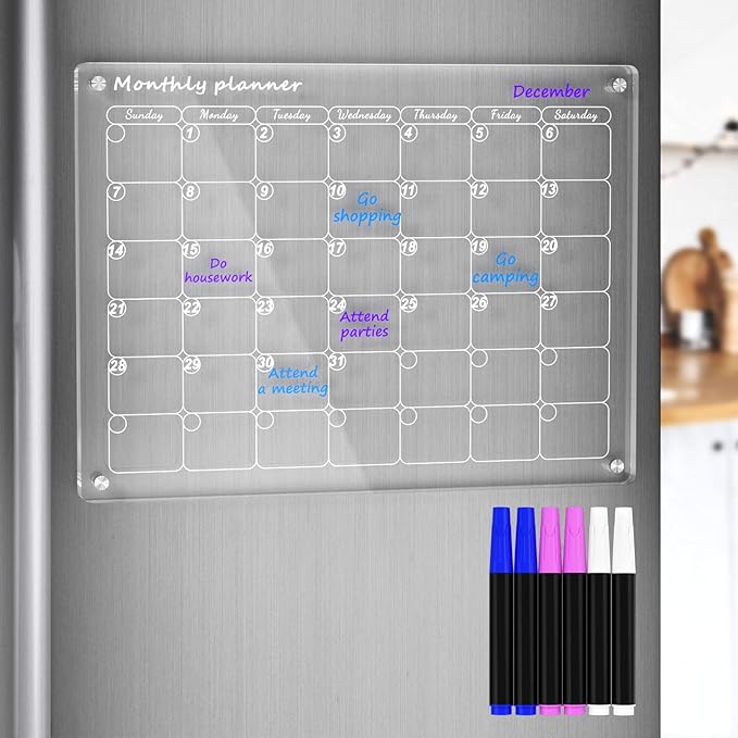 AITEE Acrylic Magnetic Dry Erase Board Calendar for Fridge, 16"x12" Inches Clear Monthly Planner for Refrigerator Includes 6 Dry Erase Markers with 3 Colors
