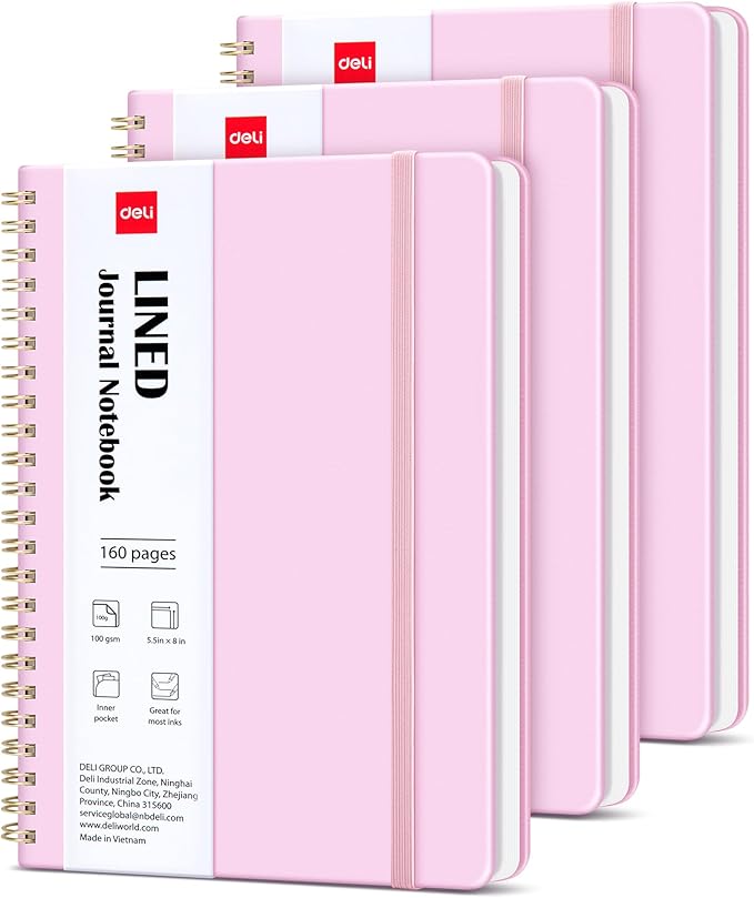 deli 3 Pack Lined Spiral Journal Notebook, 160 Pages, A5 (5.5"x8") Hardcover Writing Notebook, College Ruled Spiral Bound Journal for Women & Men - Perfect for Work, School, Office & Note Taking