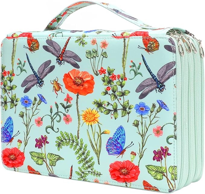 Vomgomfom 200 Slots Pencil Bag, 4-Layer Zipper Portable Art Supply Organizer, PU Leather Large Capacity Colored Pencil Case with Handle for 200 Watercolor Pens, Gel Pens (Green)