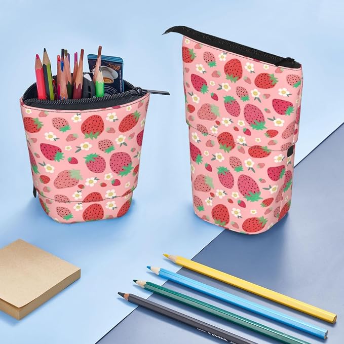 Strawberry Kids Standing Pencil Case Girls Boys Telescopic Stationary Pouch with Zipper Large Capacity Stand up Pen Bag Portable Makeup Holder for Children School Students Office Supplies