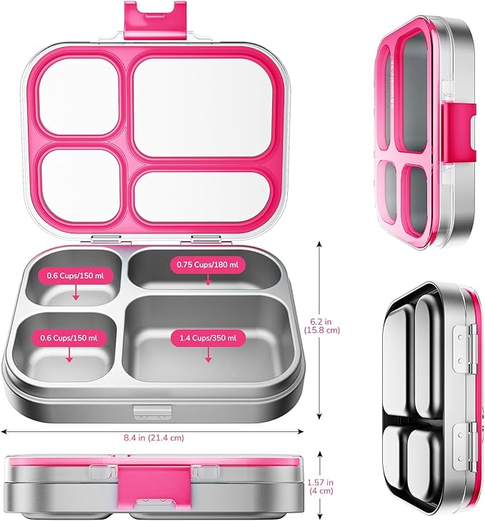 G.a HOMEFAVOR Stainless Steel Lunch Box - 4 Compartments Bento Box for Kids, Leakproof Food Container for School, Office, Dishwasher Safe, BPA-Free, 800 ml/27 oz, Pink