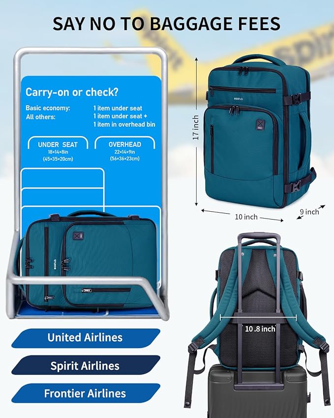 ECOHUB 17" Small Travel Backpack, United Airlines Personal Item Bag 17x10x9 with 16 Pockets, Water Resistant Rucksacks Fit 15.6" Laptop, AirTag Pocket, Lightweight Casual Daypack, 25L, Blue Green