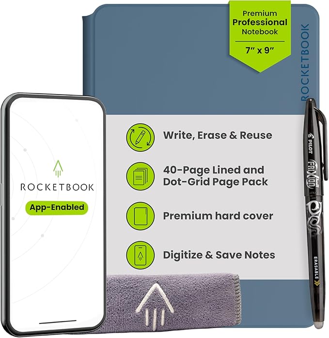 Rocketbook Pro Smart Reusable Notebook, Lined & Dotted Interchangeable Pages, For Work and Business Meetings, Executive 7x9, Blue