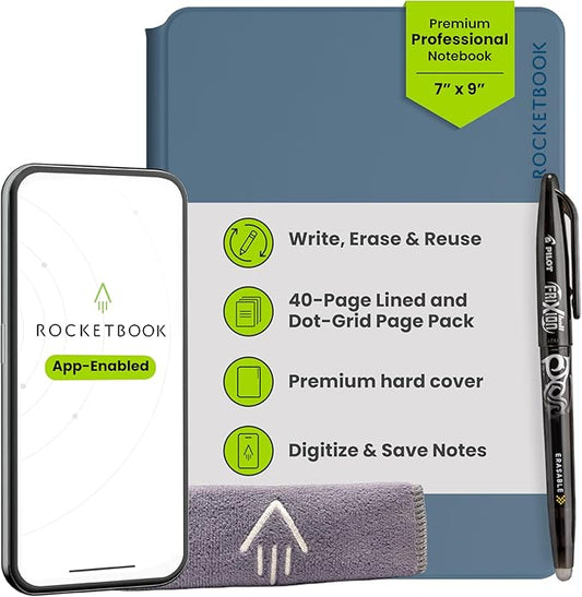 Rocketbook Pro Smart Reusable Notebook, Lined & Dotted Interchangeable Pages, For Work and Business Meetings, Executive 7x9, Blue