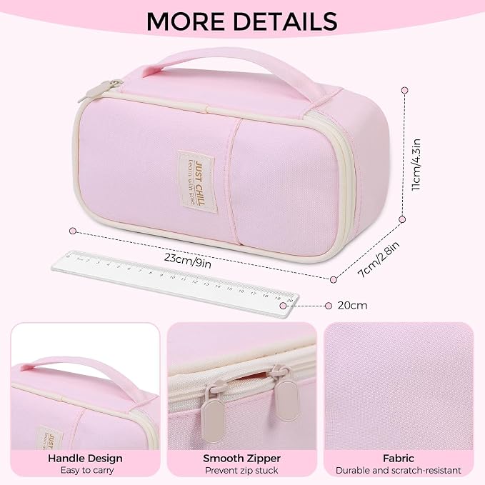 SKYDUE Pink Pencil Case for Girls – Large Capacity Zippered Pencil Pouch with Multi-Compartment, Aesthetic Pencil Bag for School & Office Supplies