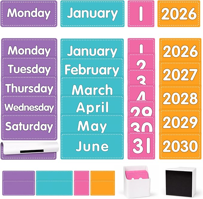 Colorful Magnetic Classroom Calendar for Whiteboard - 63 PCS Calendar Magnets Set with 2 Storage Boxes for Classroom & Home Decor