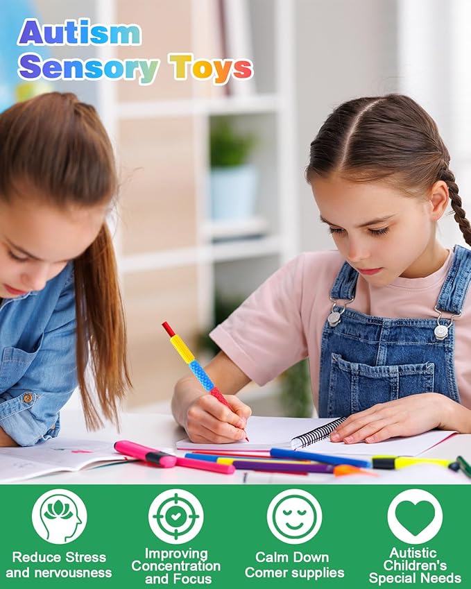 Sensory Fidget Toys Kids Adults: 24 Pack Textured Silicone Pencil Grips for Autism Kids Calming - ADHD Tools for Stress Relief Items - Quite Fidget Toy Special Education Needs Classroom Must Have