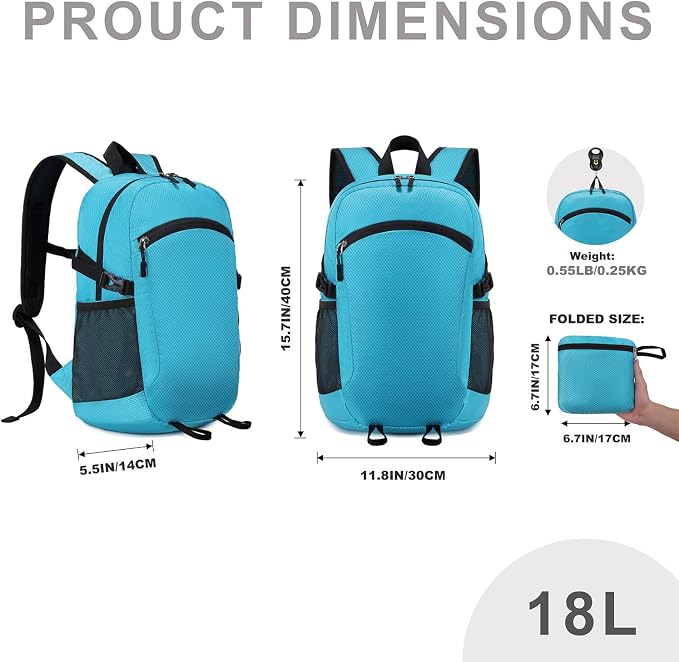 Lightweight Hiking Backpack 18L Packable Foldable Small Daypack Collapsible Travel Bag Water-Resistant for Adults (Blue)