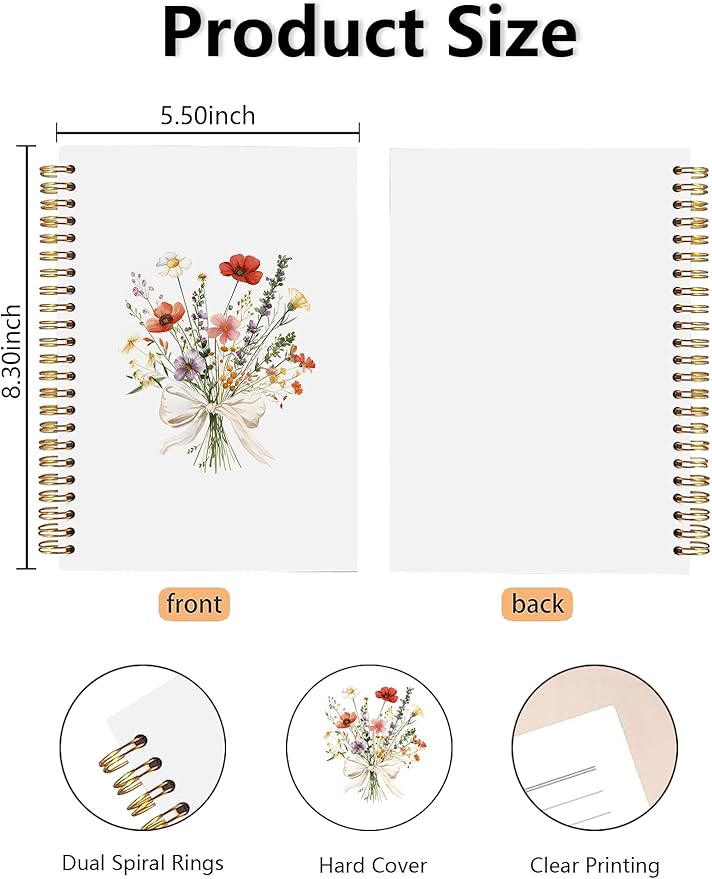 Wildflower Floral Spiral Notebook, Rustic Botanical Flower Journal, Cottagecore Colorful Floral Journal for Women, Preppy Bow Flower Aesthetic Notebook 5.5x8.3 Inch-372