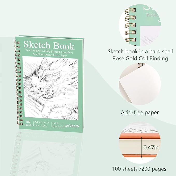 DSTELIN 2 Pack Hardcover Sketchbooks (100 GSM Sketch Paper), 7.5x5.1 Inch Spiral Sketch Book for Sketching, Drawing, Painting, 50 Sheets per Pack, Pink and Green