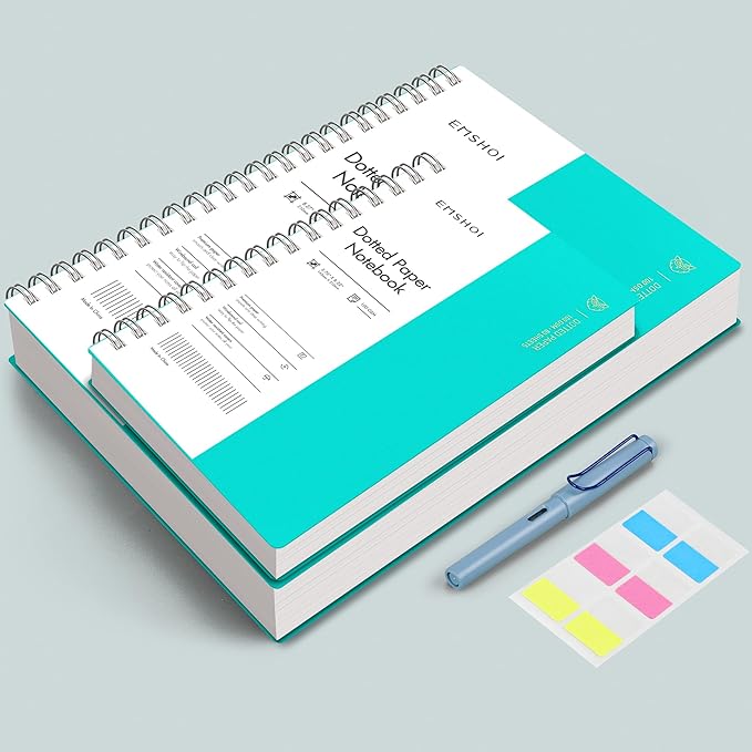 EMSHOI Dotted Journal Spiral Notebook, 300 Pages, A4 Large 8.27"x11.2", 100 GSM Thick Paper, Flexible Plastic Cover, 5mm Dot Grid Notebook for Journaling, Planning, Drawing, Writing, Light Blue