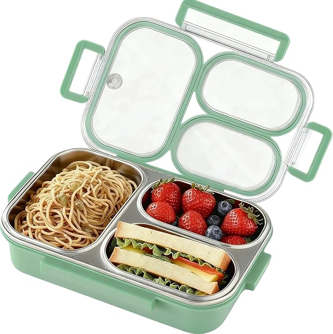 Stainless Steel Bento Box for Kids, 3-Compartment Leakproof Lunch Box with Lid, Toddler Food Container for School, Microwave Safe, Dishwasher Safe, BPA Free, 25oz(green)