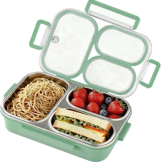 Stainless Steel Bento Box for Kids, 3-Compartment Leakproof Lunch Box with Lid, Toddler Food Container for School, Microwave Safe, Dishwasher Safe, BPA Free, 25oz(green)
