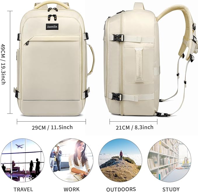 Asenlin Travel Backpack for Women Men,Flight Approved Carry On Luggage 40L Water Resistant Business Laptop Backpacks Fits TSA 17.3 Inch Computer College Weekender Outdoor Hiking-White