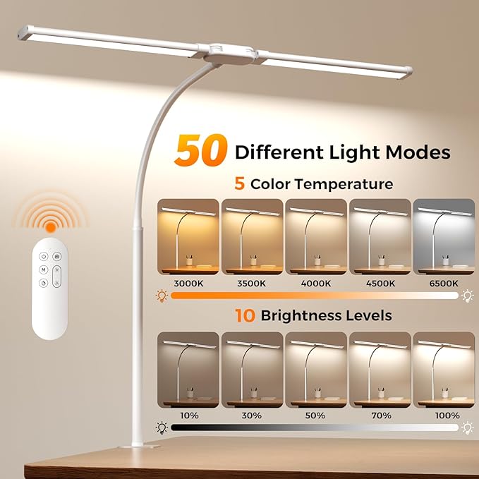SKYLEO LED Desk Lamp with Clamp - Double Head Desk Light with Remote and Touch - Eye Protection - 12 W, 5 Color Modes, Timer and Memory Function, Flexible Gooseneck - for Office, Reading - White