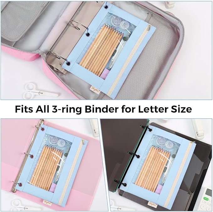 SKYDUE Pencil Pouch for 3 Ring Binder, 9.8" x 7.3" Clear Window Pencil Bag | Zipper Pencil Pouches for Girls Boys, Pencil Pouch with 3 Reinforced Grommets, Durable Organizer for School Supplies
