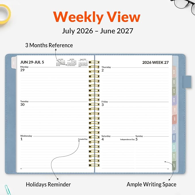 SUNEE 2026-2027 Weekly & Monthly Planner 6.4"x8.5" - 12 Month (July 2026 - June 2027), Vegan Leather Cover Planner Academic Year Calendar, Pocket, Notes, Monthly Tab, Blue