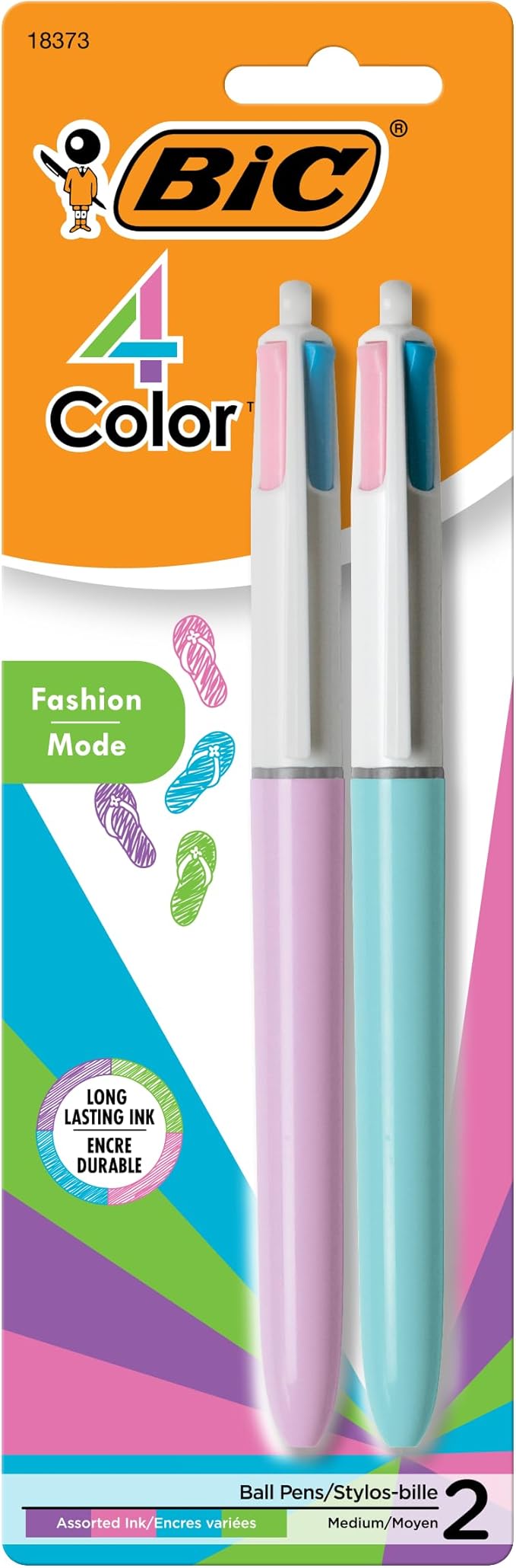BIC 4 Color Fashion Retractable Ballpoint Pen with 1.0 mm Medium Point and Assorted Ink, 2-Count Pack in Multicolor
