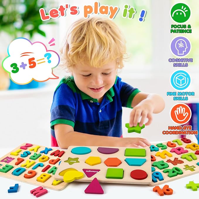 Attmu Wooden Puzzles for Toddlers, 3 Pcs Alphabet Puzzle ABC Shape Number Puzzle, Learning Toys for Kids, Preschool Educational Activities Toddler Gift Toys for Girls Boys Christmas Valentines Easter