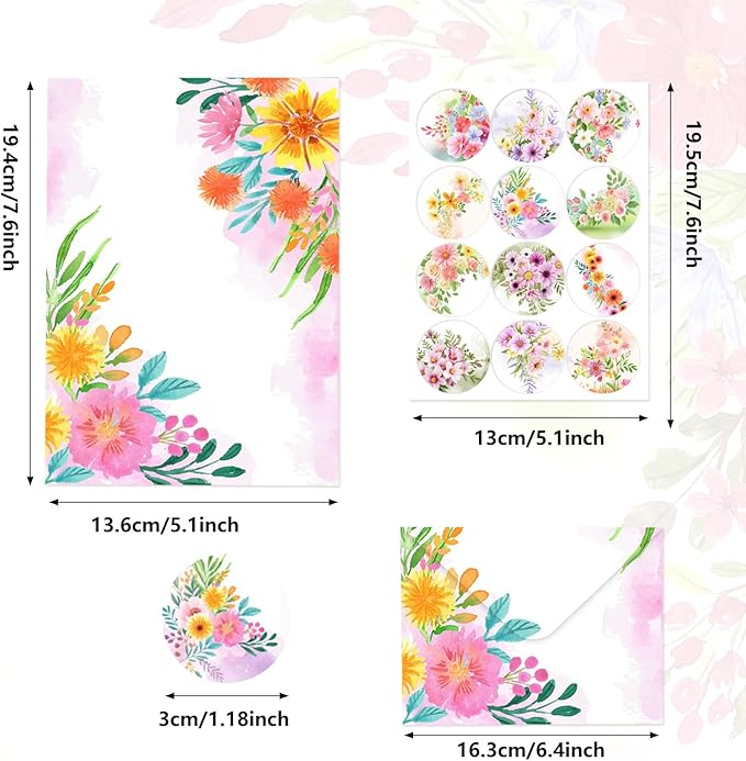 50 Pcs Stationery Paper Envelopes Set Includes 24 Writing Paper & 24 Envelopes with 24 Round Stickers, Cute Flower Floral Letter Writing and Stationery Paper Envelopes for Girls Invitations(6Style)