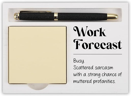Funny Work Forecast Desk Note Holder for Coworkers Men Women, Office Organizer with Sarcastic Quote, White Wood Sticky Note Tray, Gag Gift for Boss, Employee, Admin, Colleague - FTB316