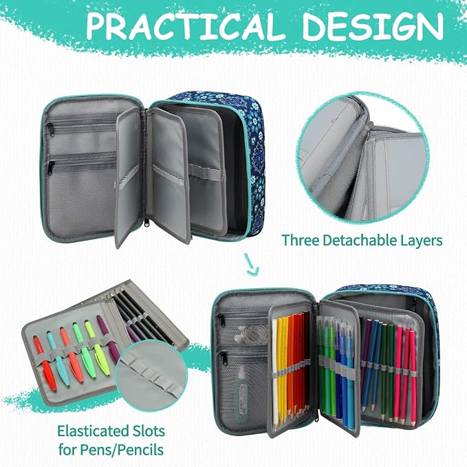 VASCHY Large Pencil Case Bag, Art Supply Marker Organizer Big Pen Pouch with 3 Detachable Layers Slots Multiple Zipper Pockets for Kids Adults School Office Blue Snowflake