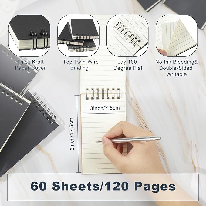 Tenceur 150 Pcs Pocket Notebook Small 3x5 Inch Black Spiral Notepads Mini Top Bound Notebook with Lined 120 Pages Ruled Memo Pads for Office College Nurse Essentials Back to School Gift