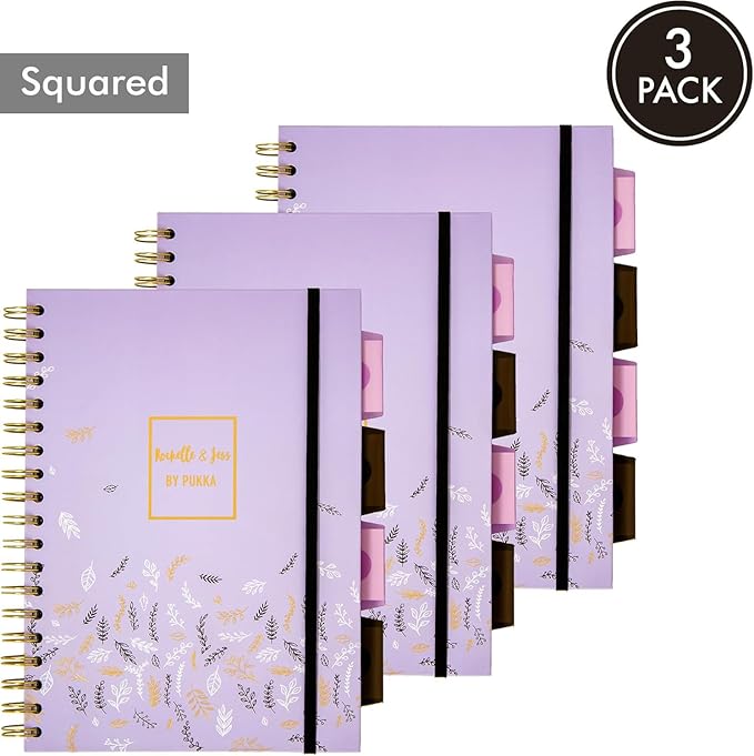 Pukka Pad 5 Subject Spiral Notebook 12-Pack - 200 Pages, 100 Sheets of 80GSM Paper with Repositionable Dividers & Perforated Edges for School & Office - B5-7 X 10, Purple, Squared