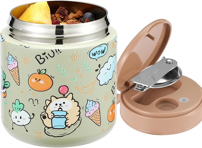 15.2 oz Kids Thermo Food Jar for Hot Food Soup with Spoon, ice cream green | Vacuum-insulated, leakproof wide mouth, 316 stainless steel interior, silicone handle, dishwasher-safe school lunch container
