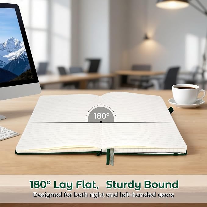 MALEDEN Notebook, A5 Hardcover Leather Notebook for Work, Notebook Journal for Women, Men, 192 Thick Paper, Large Notebook with Pockets, Professional Business Notebook (College Ruled, Green)