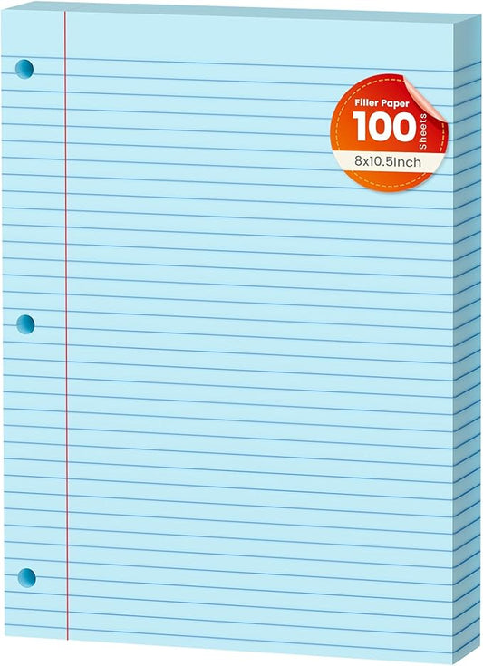 Blue Loose Leaf Paper 100 Sheets Colored Filler Paper 8 * 10.5 College Ruled 3-Hole Punched Paper for 3-Ring Binders Notebook Lined 8" x 10.5"