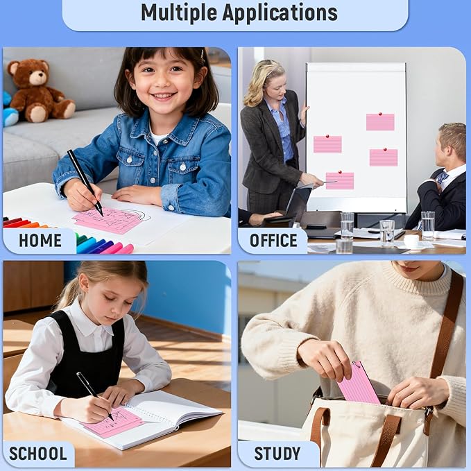200 Count 3 x 5 Inch Pink Index Cards with Binder Rings, Lined & Blank Study Cards, Thick Cardstock Flash Cards for Students & Teachers, Color-Coded Notecards for School, Home, Work
