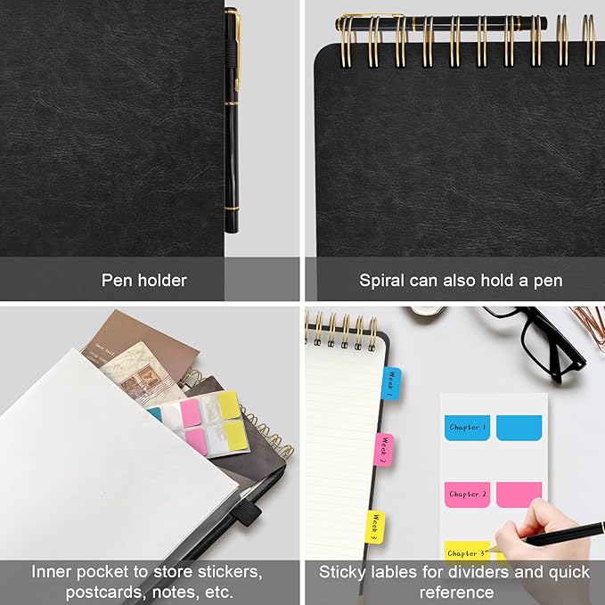 A5 Top Spiral Notebook, Large Leather Hardcover Top Bound Steno Pads, 240 Pages 100 gsm Thick Lined Paper Left Handed Notebook Journal for Work, School, Meeting Writing - Black, 5.9" x 8.5"
