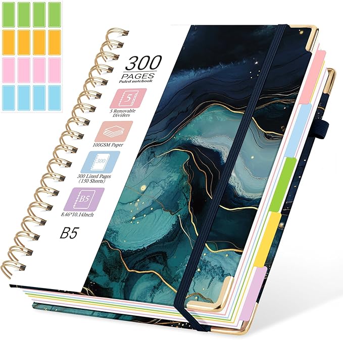 Hardcover Spiral Journal Notebook, 300 Pages 5 Subject Notebook College Ruled with Removable Dividers Tabs, 8" x 10" Notebooks for Work, Spiral Ruled Lined Writing Journal Hardcover Leather Notebook for School (Dark blue marble, 8''x 10'')