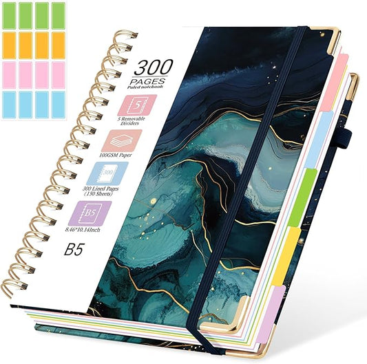Hardcover Spiral Journal Notebook, 300 Pages 5 Subject Notebook College Ruled with Removable Dividers Tabs, 8" x 10" Notebooks for Work, Spiral Ruled Lined Writing Journal Hardcover Leather Notebook for School (Dark blue marble, 8''x 10'')