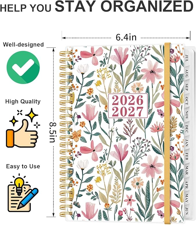 Planner 2026-2027 - Academic Planner from July 2026 to June 2027, Weekly & Monthly Planners Spiral Bound with 12-Month Tabs, Inner Pocket, 6.25" x 8.5", Leaf Flower