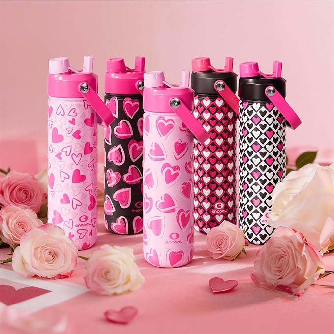 ENCOOL Insulated Water Bottle with Straw Stainless Steel Water Bottle, Leak-Proof, BPA-Free, Keeps Cold for 24 Hours for Sports, Travel, School (26 oz, Sweet Hearts Pink x Mint)