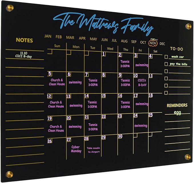 Black Acrylic Calendar Dry Erase for Wall, Family Planner, Monthly Calendar Dry Erase Whiteboard for Home, Office, 17" x 13"Reusable White Board(Acrylic-BK-3343)